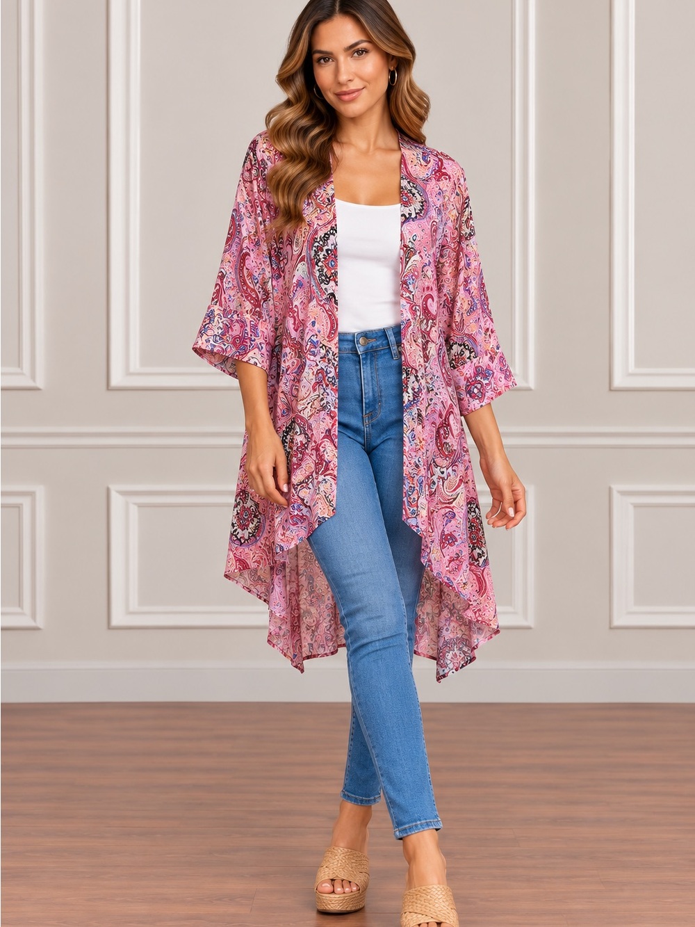 Women's Pink Paisley Kimono